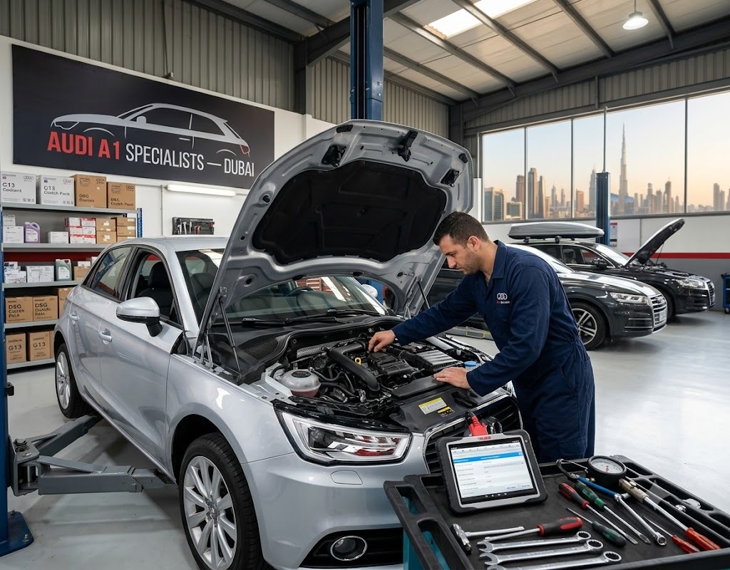 Audi A1 repair Dubai — specialist mechanic servicing an Audi A1 at an independent Audi garage in Dubai