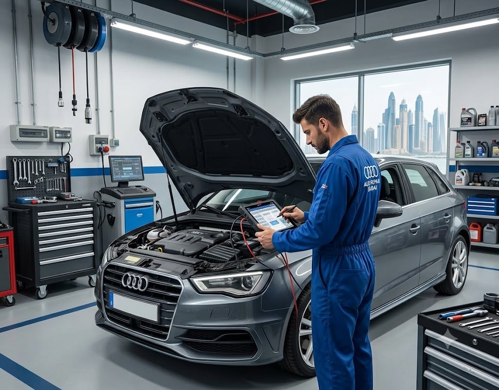 Audi A3 repair Dubai – specialist mechanic servicing an Audi A3 in a Dubai workshop