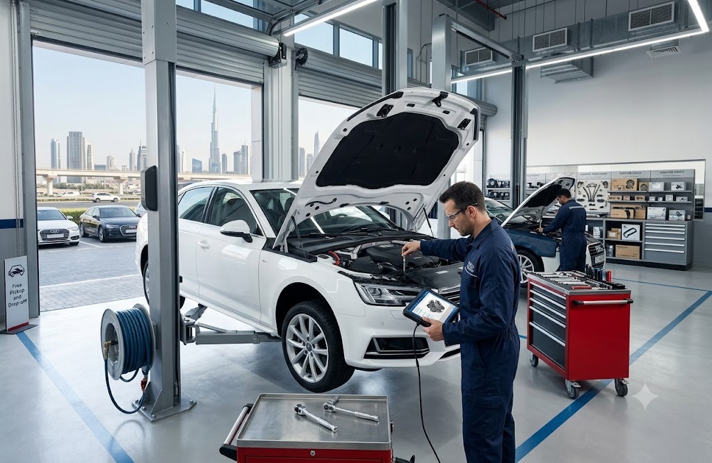 Audi A4 repair Dubai — specialist mechanic servicing an Audi A4 at our Dubai workshop
