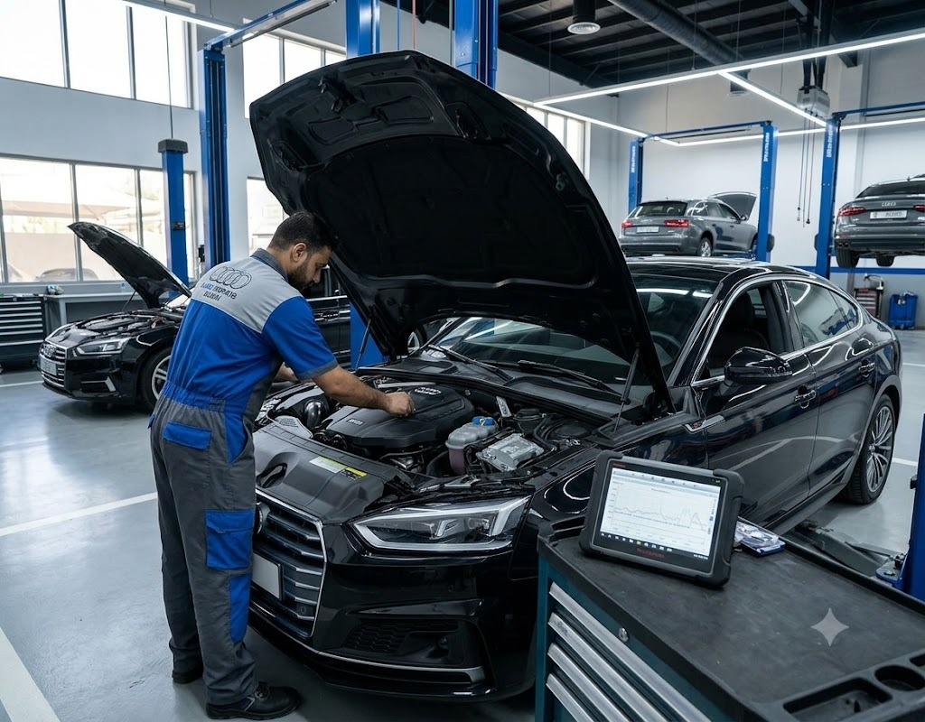 Audi A5 Sportback being serviced by a specialist mechanic at an Audi garage in Dubai