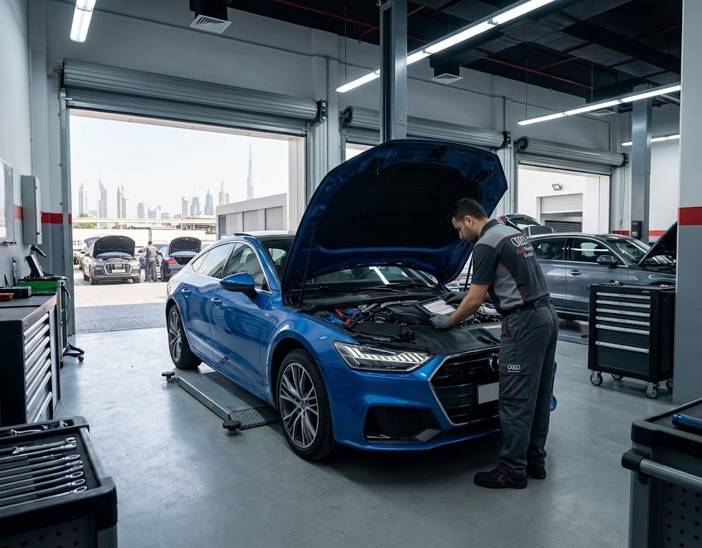 Audi A6 repair Dubai – specialist mechanic servicing an Audi A6 in our Dubai workshop