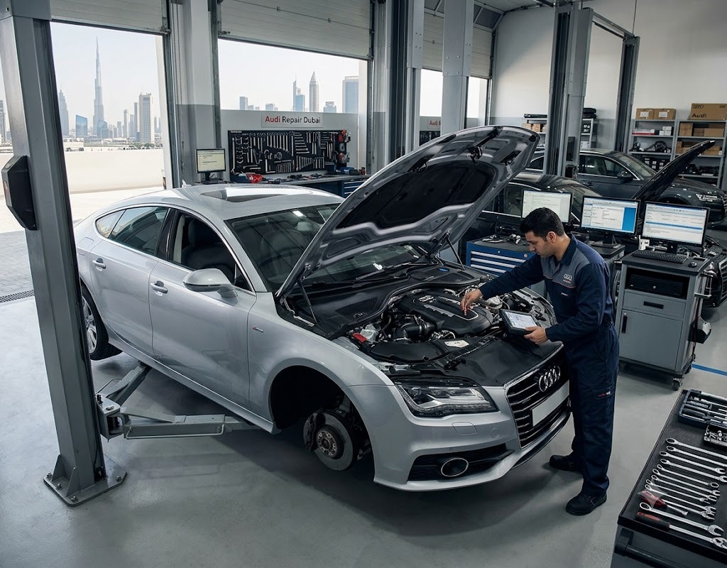 Audi A7 Sportback in the workshop for repair and service at Audi Repair Dubai