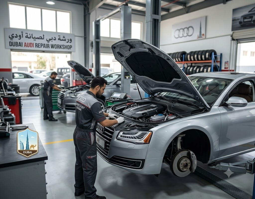 Audi A8 repair Dubai – specialist mechanic servicing an Audi A8 at an independent Dubai garage