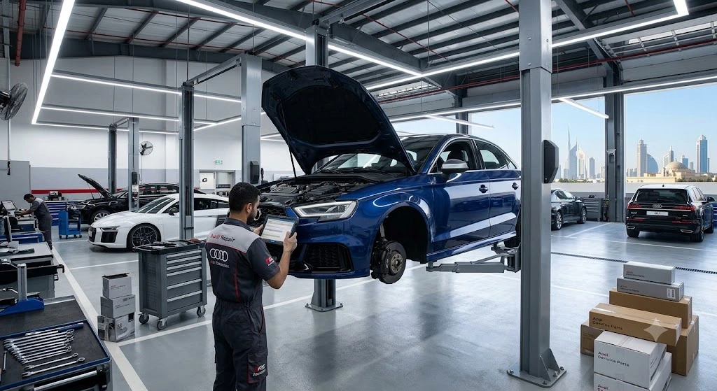 Audi RS3 2.5 TFSI in for specialist repair and service at an independent Audi garage in Dubai