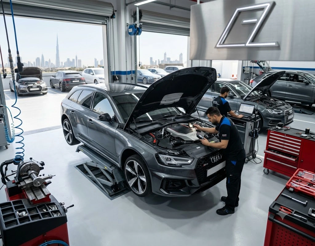 Audi RS4 Avant undergoing specialist repair in a Dubai workshop