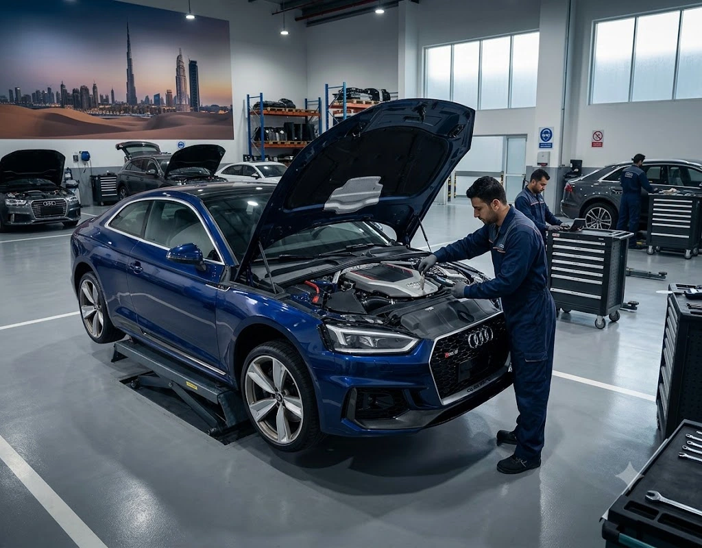 Audi RS5 repair Dubai — Audi specialist servicing an RS5 coupe in a Dubai workshop