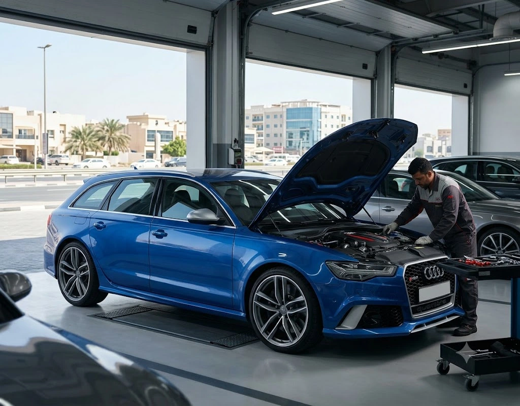 Audi RS6 Avant undergoing specialist repair at an Audi garage in Dubai