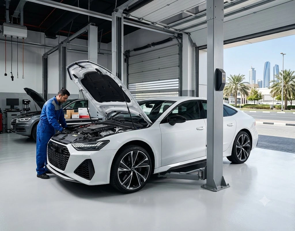 Audi RS7 repair Dubai — specialist technician servicing an Audi RS7 Sportback twin-turbo V8