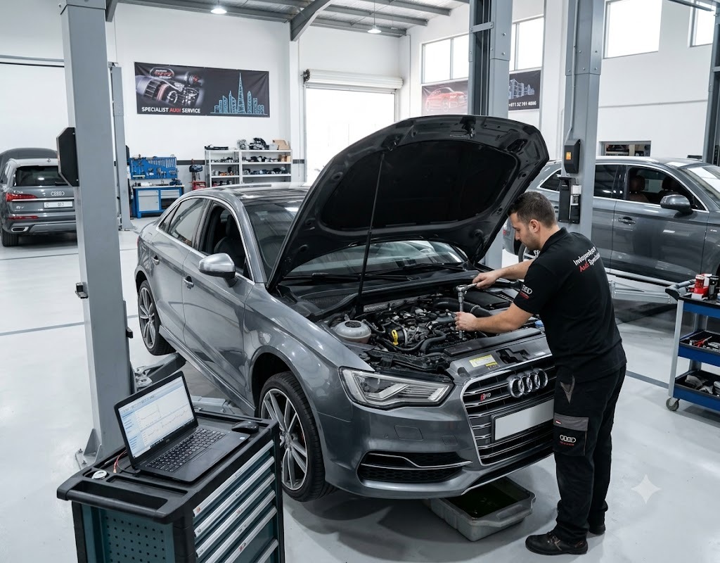 Audi S3 repair Dubai – specialist mechanic servicing an Audi S3 in a Dubai workshop