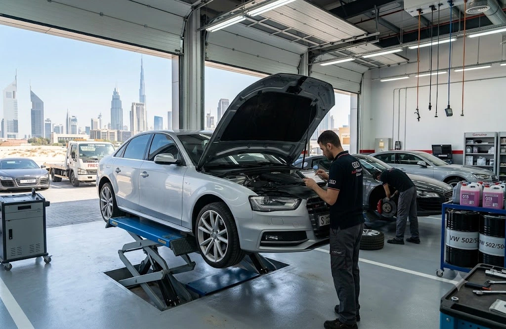 Audi S4 repair Dubai – S4 saloon being serviced by Audi specialist mechanics in a Dubai workshop