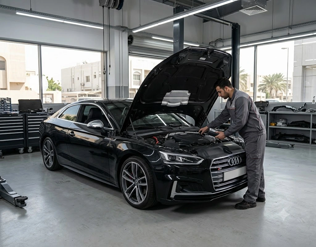 Audi S5 repair Dubai — specialist technician servicing an Audi S5 3.0 TFSI in a Dubai workshop