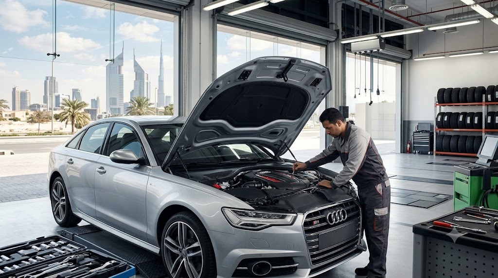 Audi S6 repair Dubai — specialist technician servicing an Audi S6 in a Dubai workshop