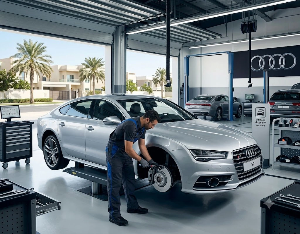 Audi S7 repair Dubai — specialist technician servicing an Audi S7 in a Dubai workshop