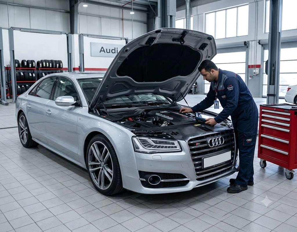Audi S8 repair Dubai — technician servicing a twin-turbo V8 Audi S8 in an independent specialist workshop