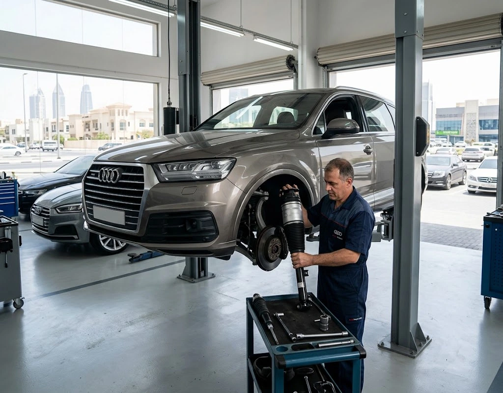 Audi air suspension repair Dubai — specialist technician replacing an air spring on a lifted Audi Q7