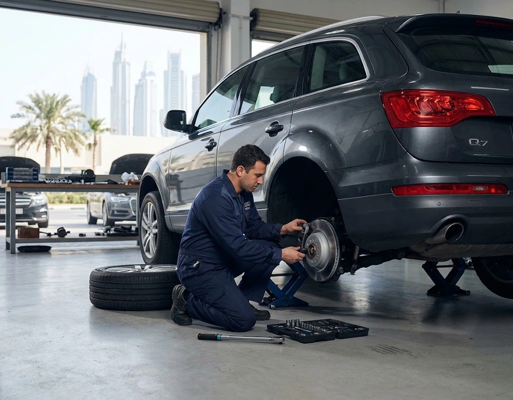Audi brake repair Dubai specialist replacing brake discs and pads on an Audi at an independent workshop