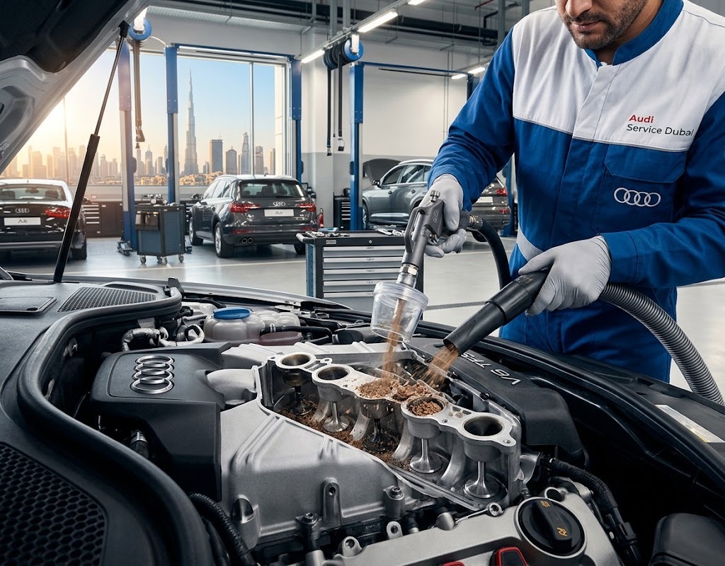 Audi carbon cleaning and walnut blasting in Dubai — intake valves cleaned by Audi specialists