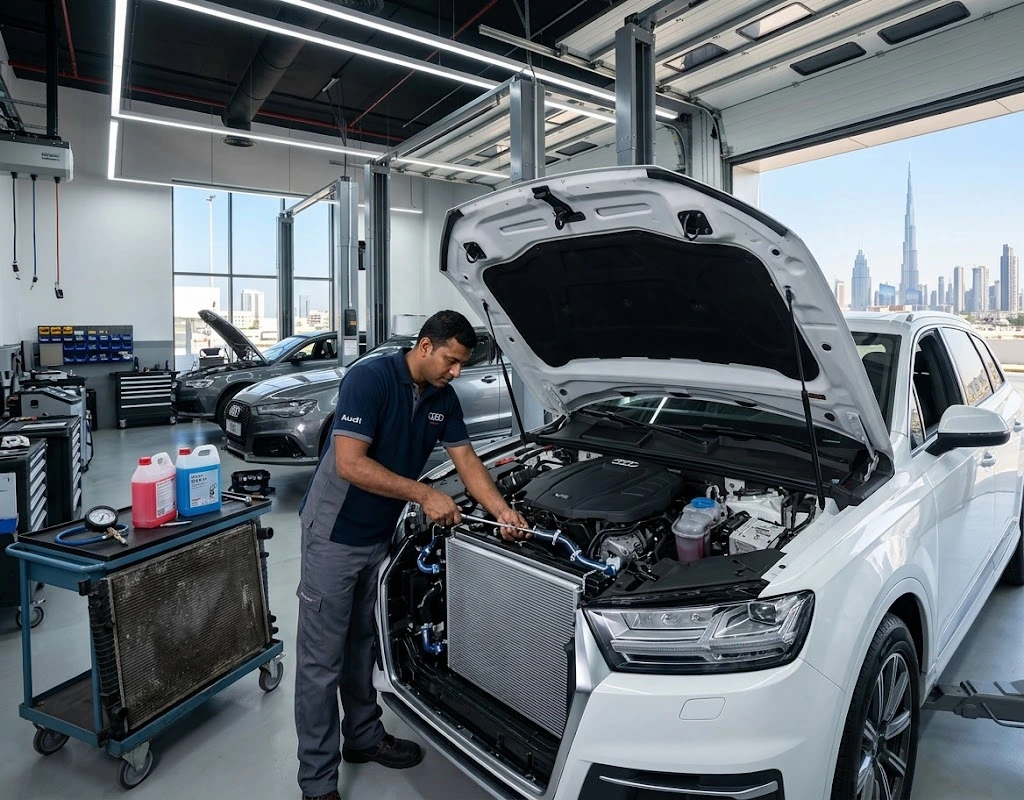 Audi radiator repair Dubai — technician replacing a cooling system radiator on an Audi engine