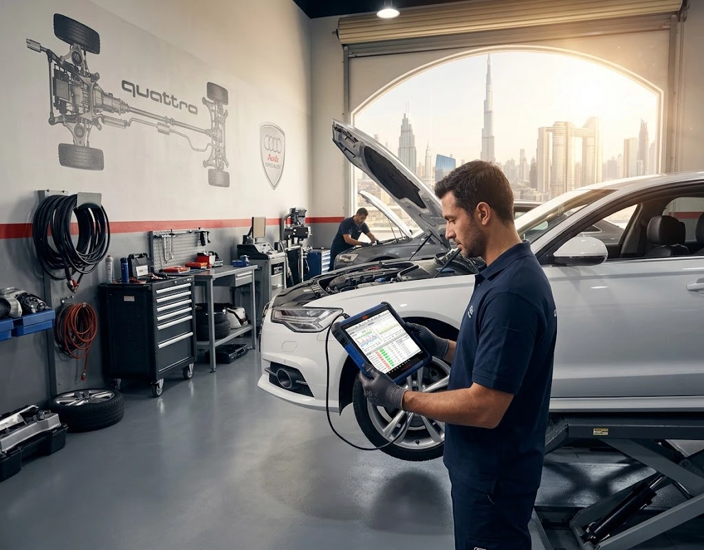 Audi computer diagnostics in Dubai — technician connecting a diagnostic scanner to an Audi ECU