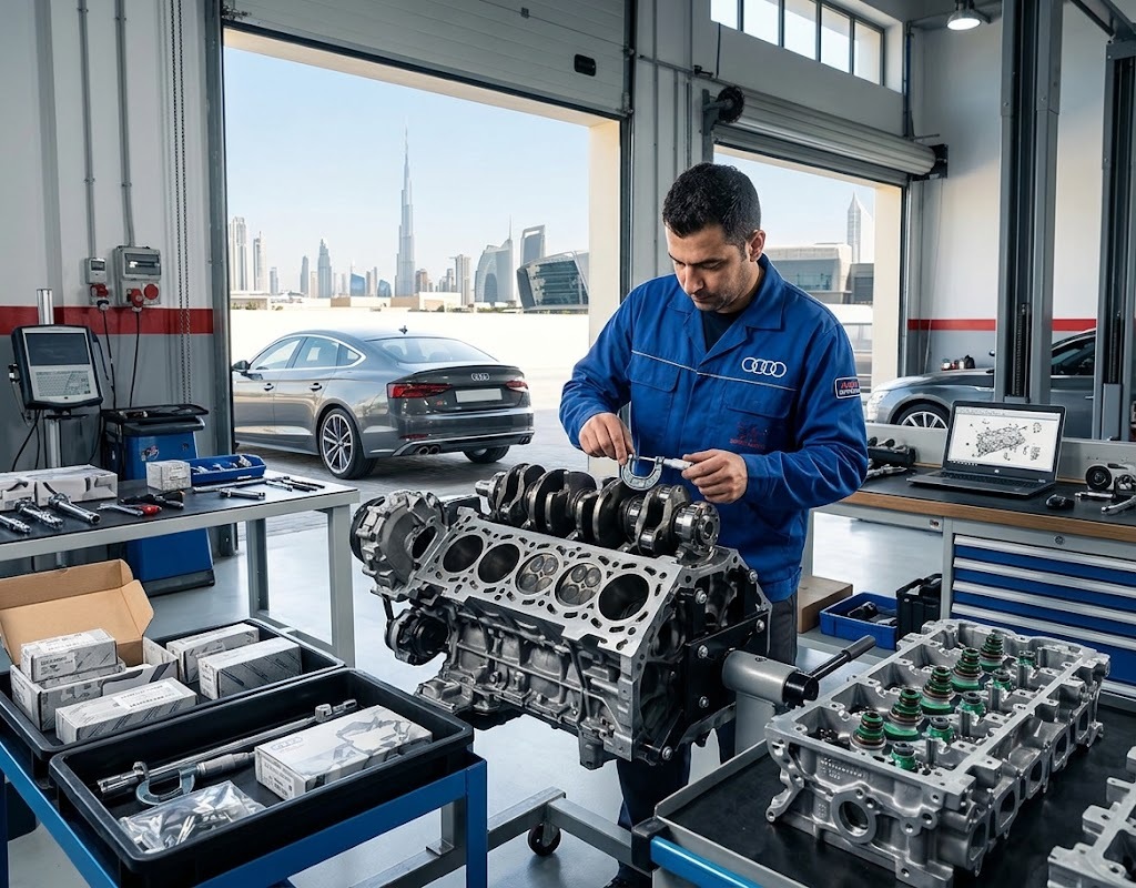 Audi engine overhaul and rebuild service in Dubai — specialist technician working on a stripped Audi engine