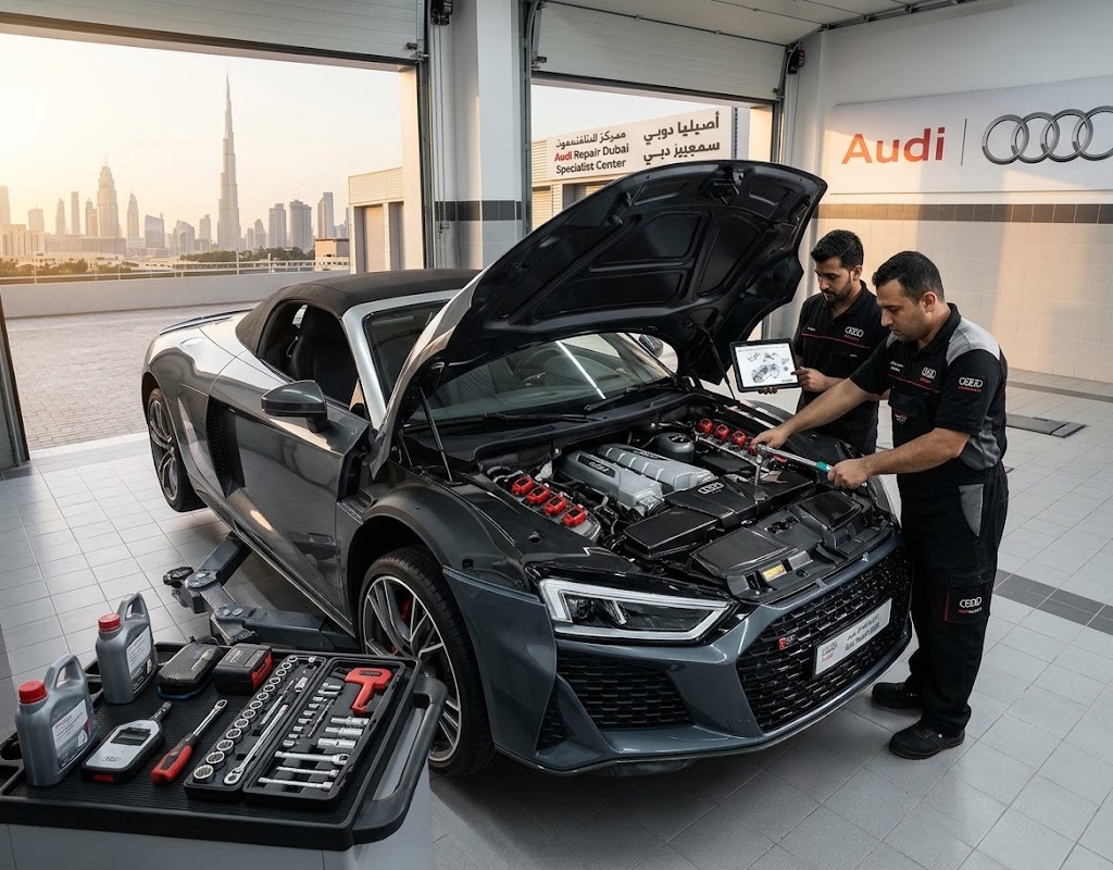 Audi engine repair Dubai specialist technician working on an Audi engine bay