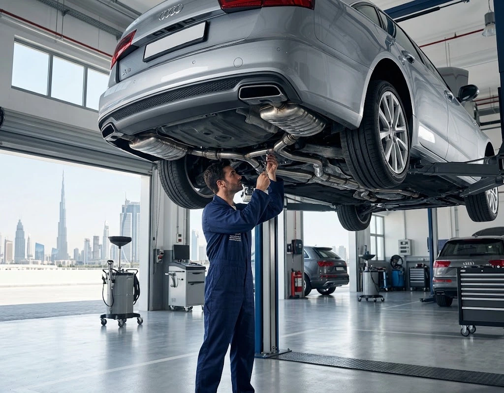 Audi exhaust repair Dubai — specialist technician inspecting an Audi exhaust system on a lift