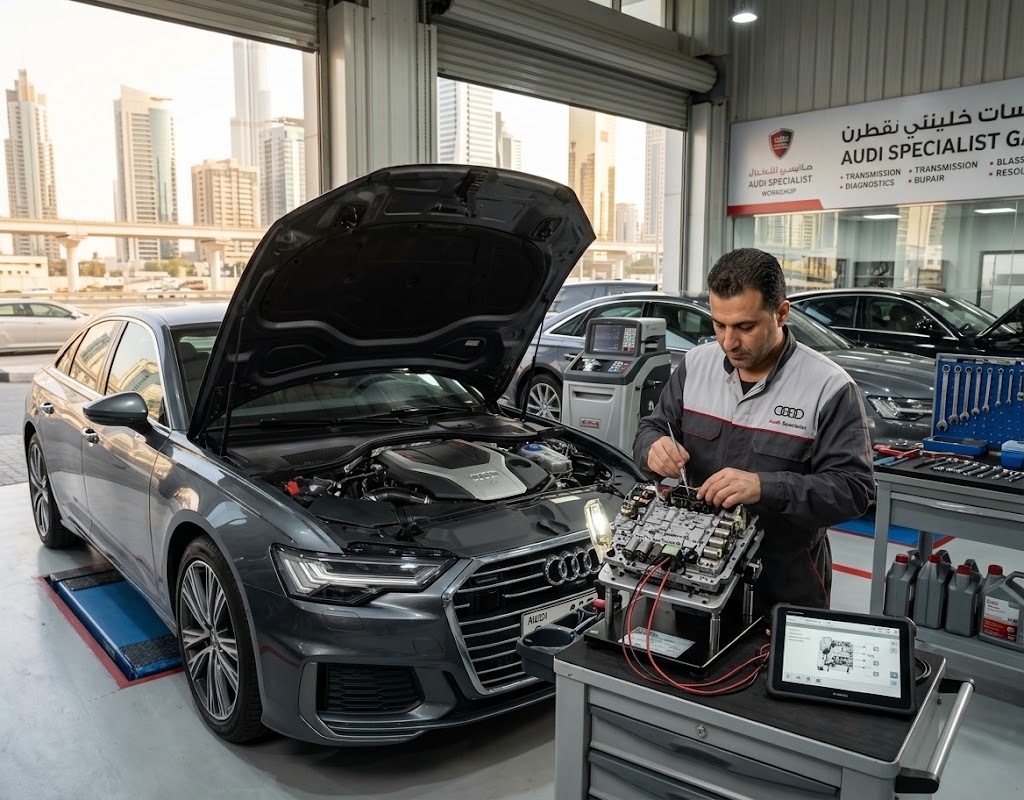 Audi mechatronic repair Dubai — technician testing a DSG gearbox mechatronic unit on an Audi