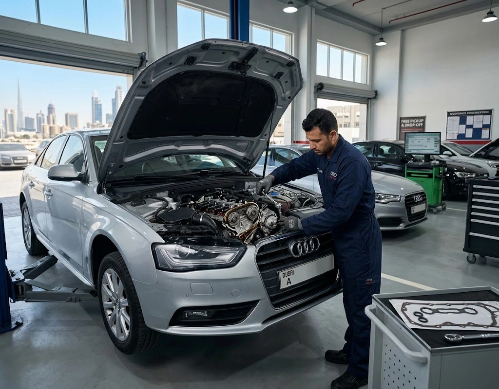 Audi oil leak repair Dubai — specialist technician inspecting an Audi engine for oil leaks