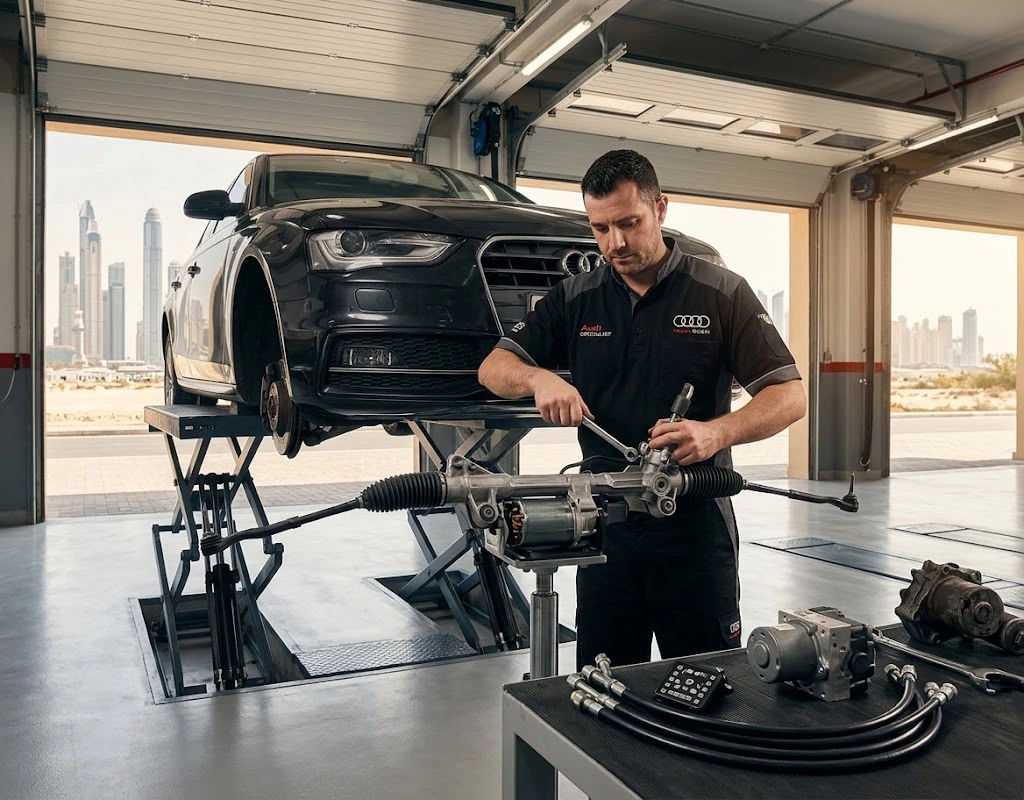 Audi power steering repair Dubai — specialist technician servicing an Audi steering rack
