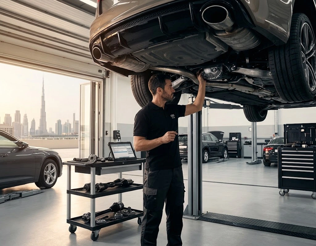 Audi quattro AWD drivetrain repair in Dubai — technician inspecting rear differential and driveshaft