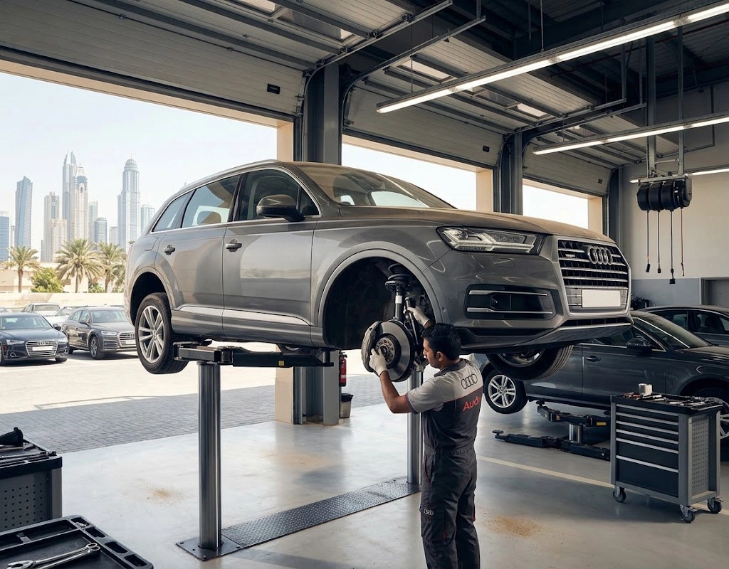 Audi suspension repair Dubai specialist inspecting front control arms and shock absorbers on an Audi