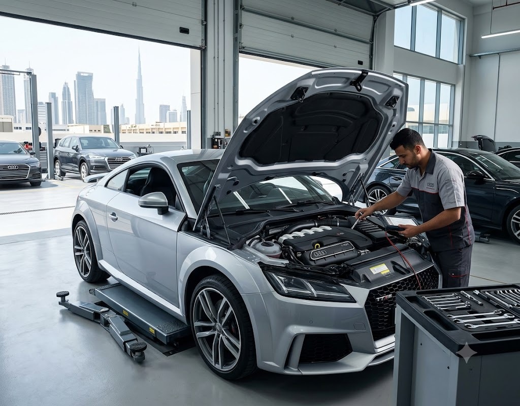 Audi TT RS repair Dubai - specialist technician servicing a TT RS 2.5 TFSI engine