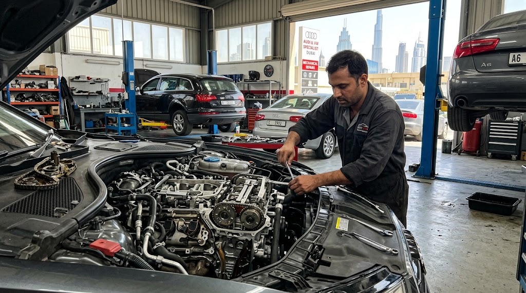 Audi timing chain replacement in Dubai by specialist technicians at an independent Audi garage