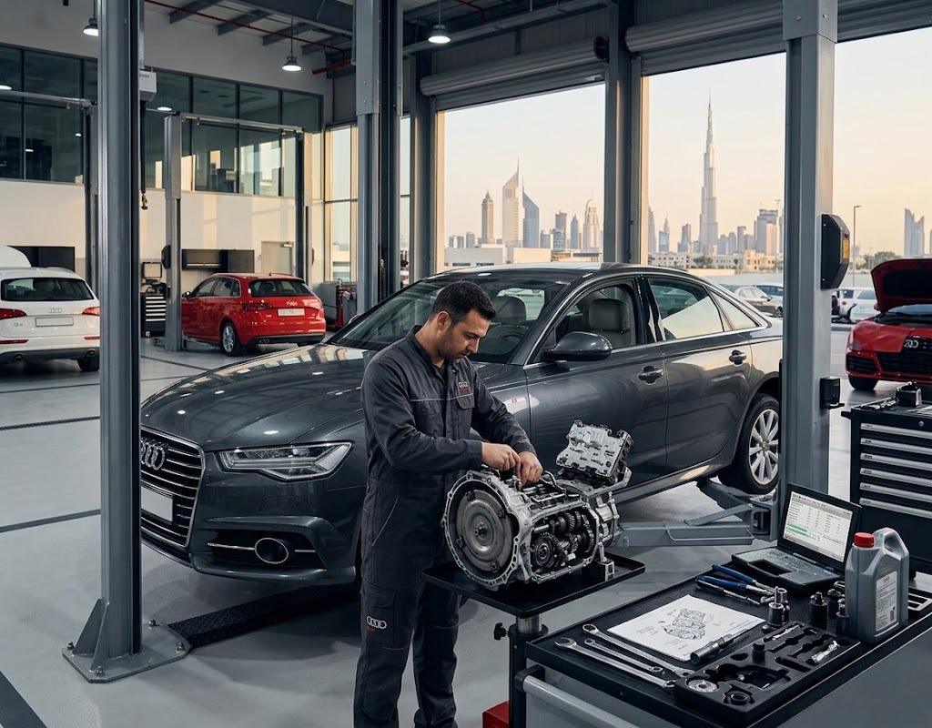 Audi gearbox repair Dubai — specialist technician servicing an Audi S tronic transmission