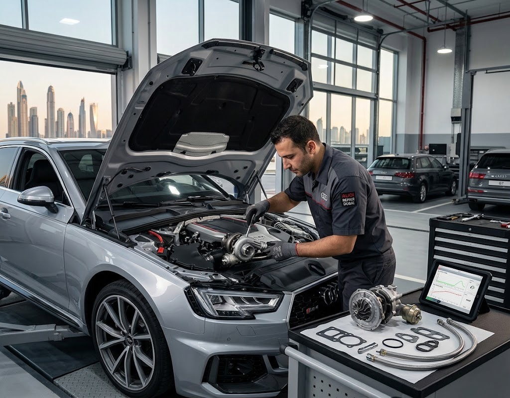 Audi turbo repair Dubai specialist inspecting a TFSI turbocharger in the workshop