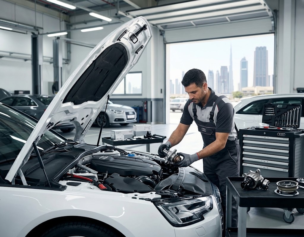 Audi water pump replacement Dubai specialist replacing an Audi water pump and thermostat