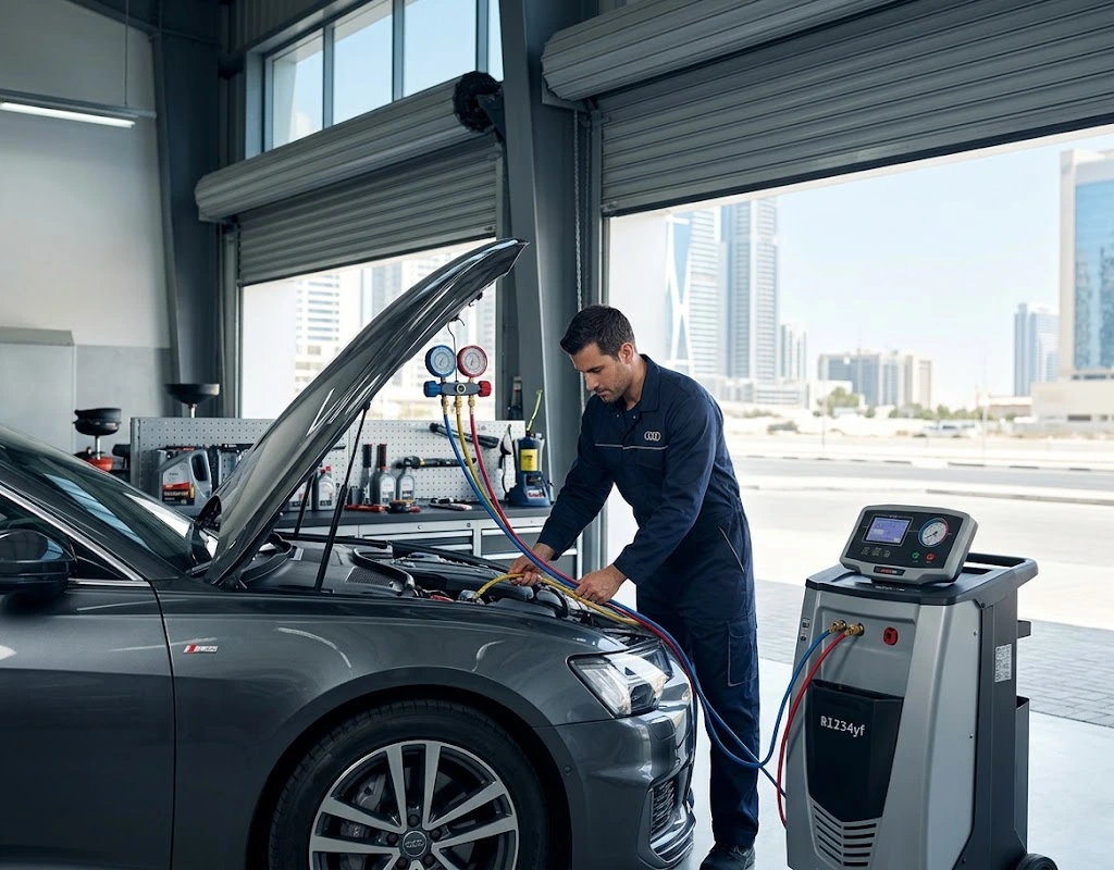 Audi AC service Dubai technician connecting refrigerant gauges to an Audi air conditioning system