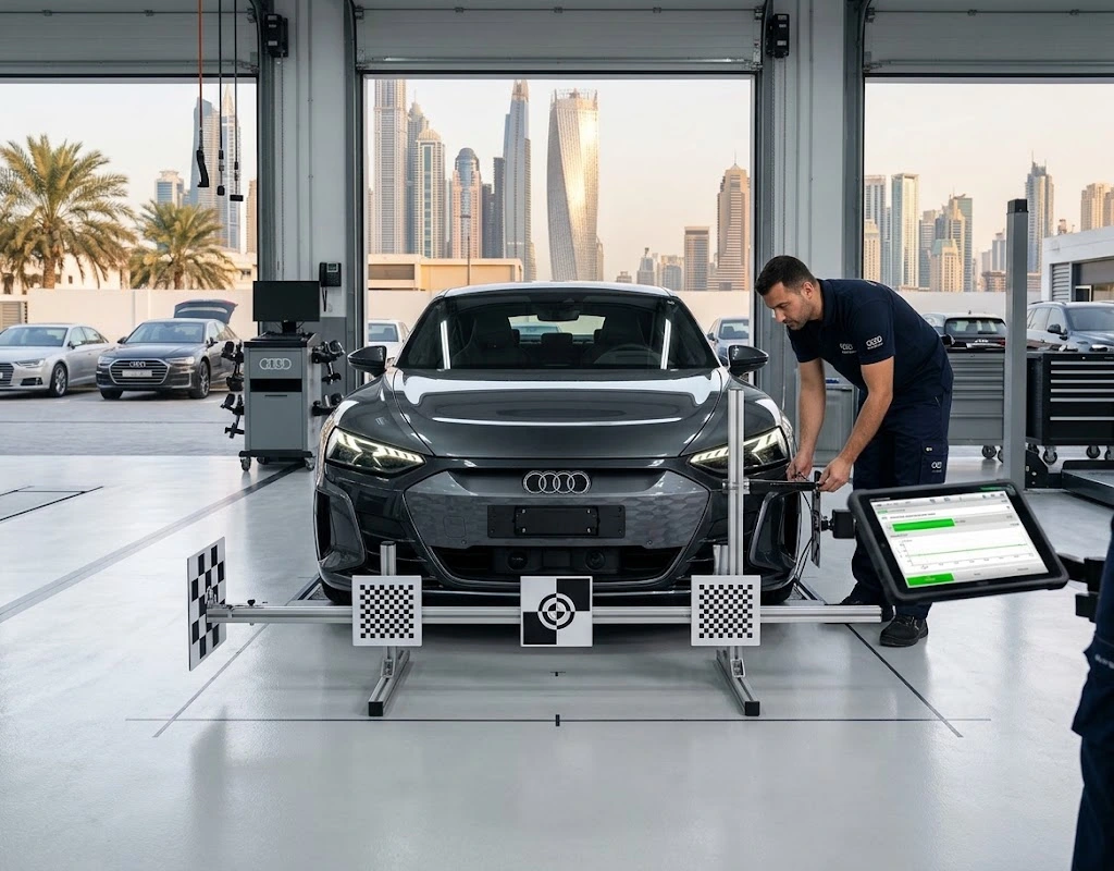 Audi ADAS calibration in Dubai — front camera and radar sensor alignment for driver assistance systems