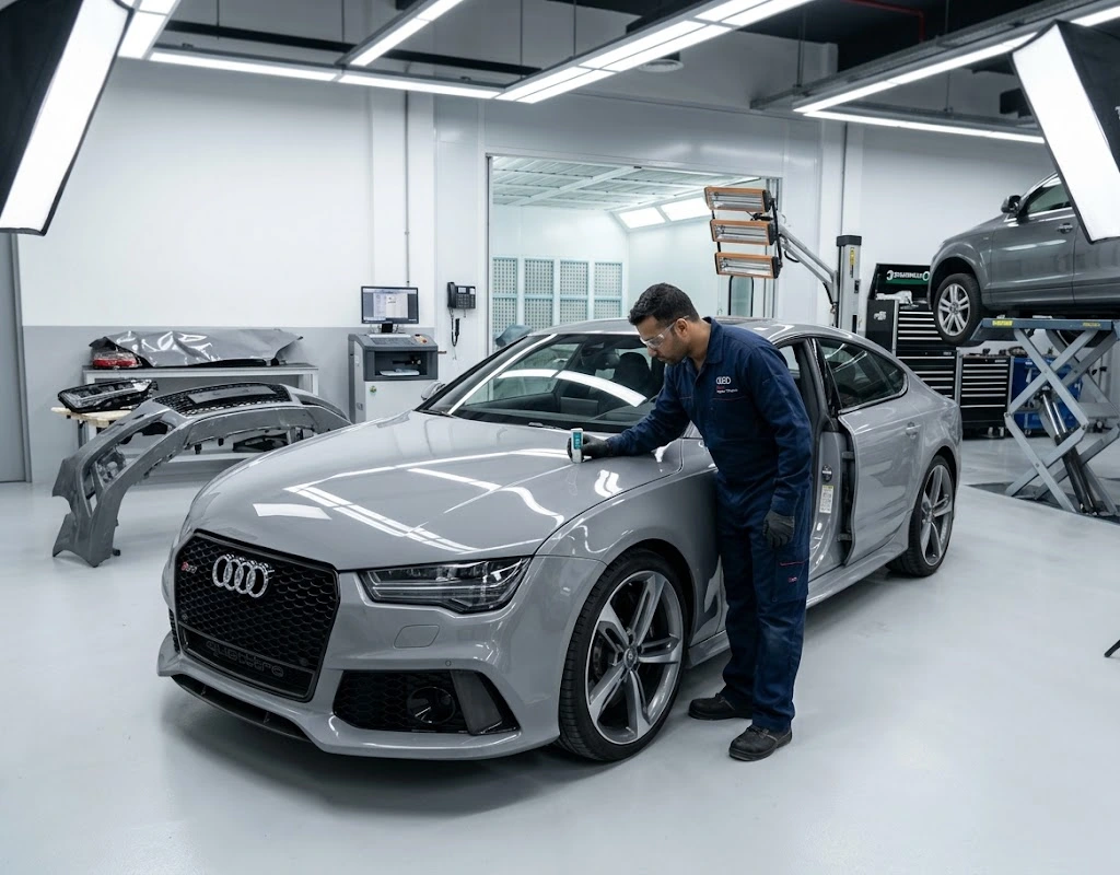 Audi accident repair Dubai technician refinishing a damaged Audi body panel in a spray booth