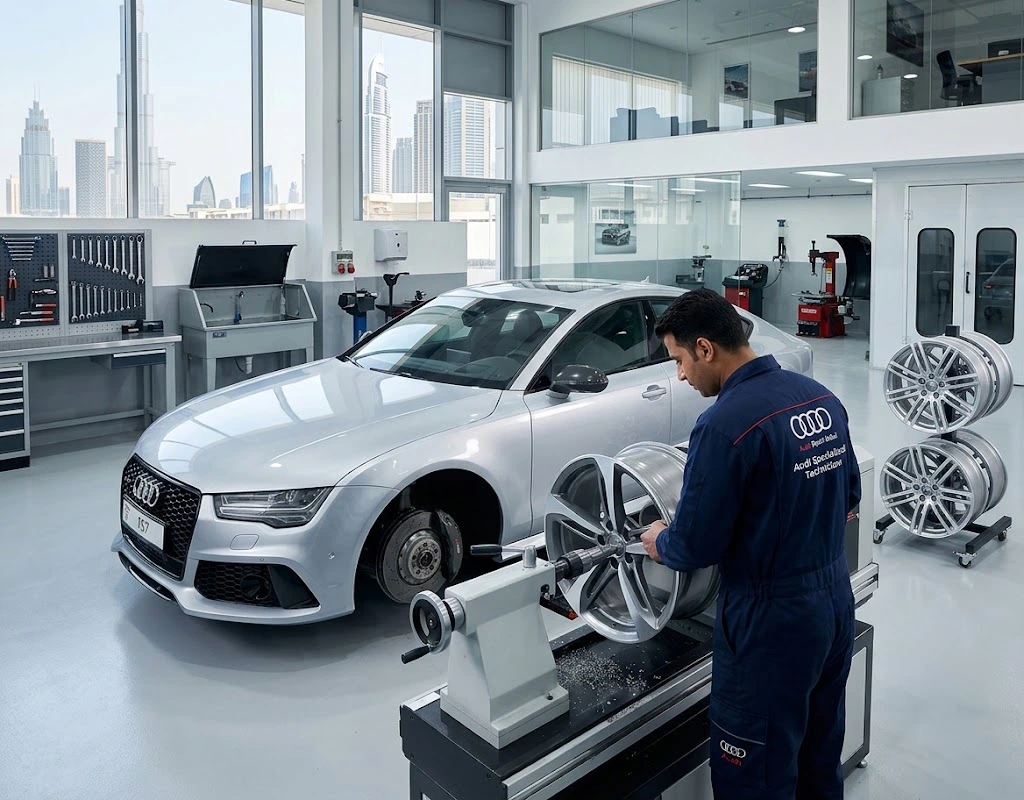 Audi alloy wheel repair Dubai – refurbished diamond-cut Audi RS alloy wheel after kerb damage repair