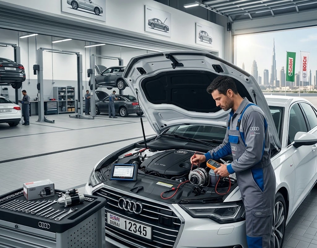 Audi alternator repair Dubai specialist testing the charging system of an Audi