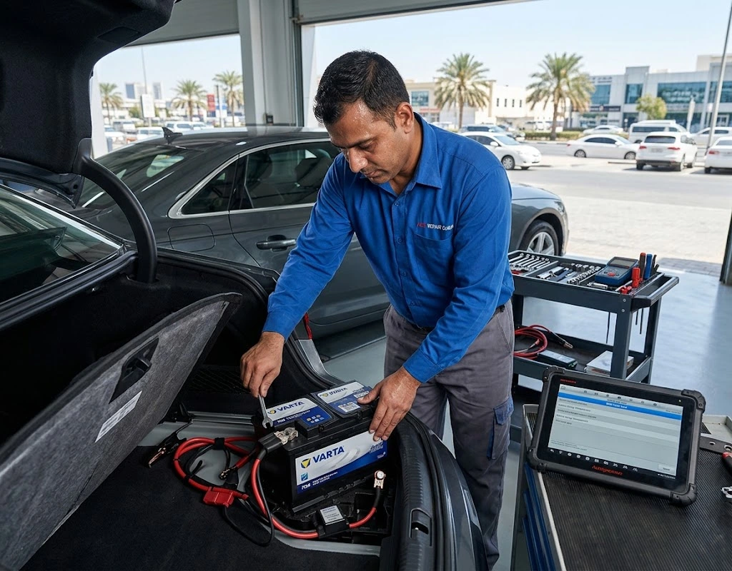 Audi battery replacement in Dubai — specialist technician fitting and coding a new AGM car battery