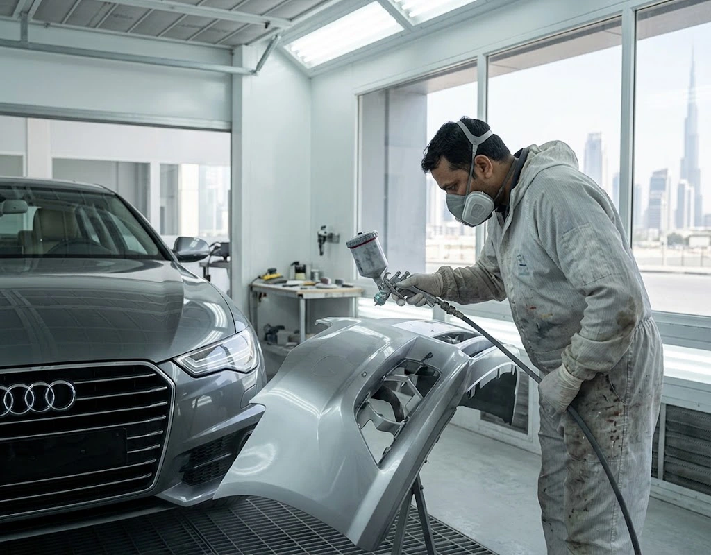 Audi bumper repair Dubai technician refinishing a front bumper in a spray booth at an Audi body shop