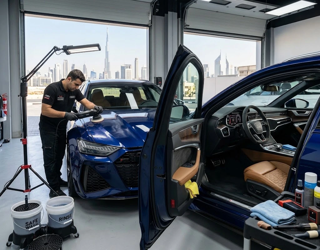 Audi car detailing Dubai – technician machine polishing the paintwork of an Audi RS6 Avant under inspection lights