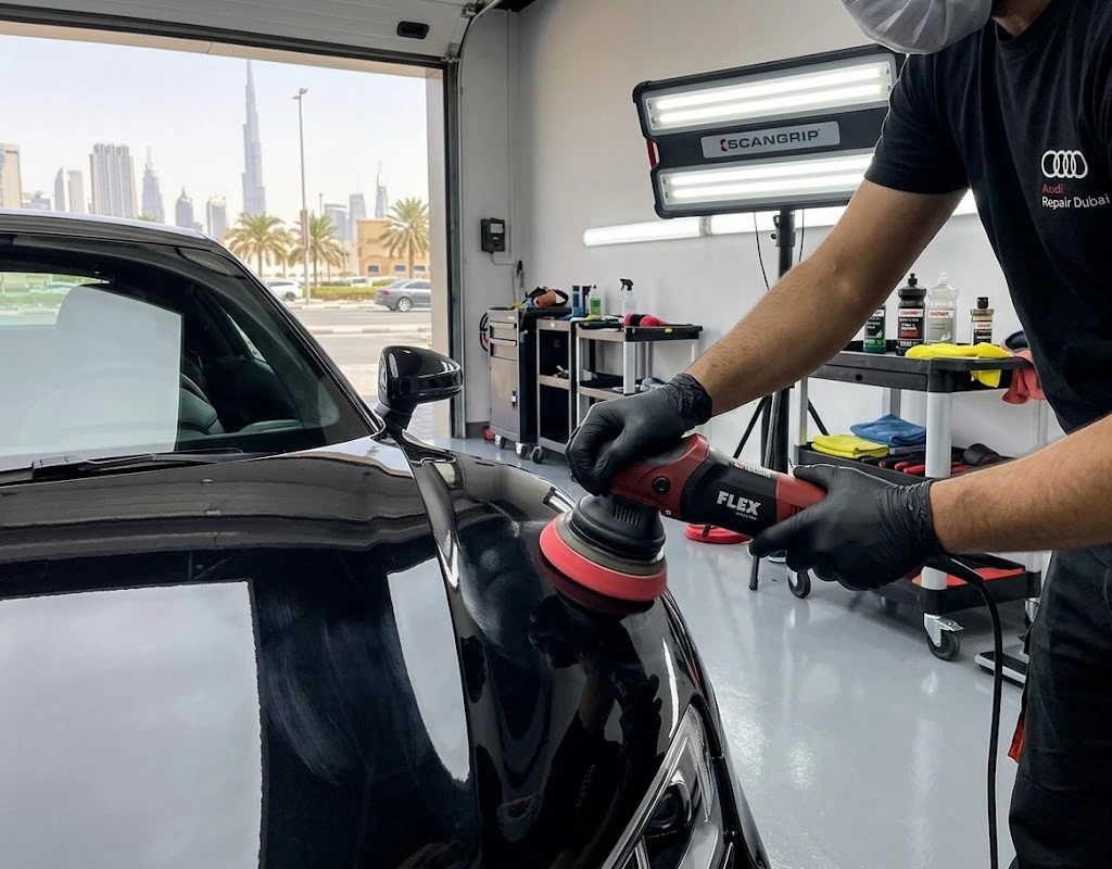 Technician machine polishing a grey Audi bonnet during Audi polishing in Dubai