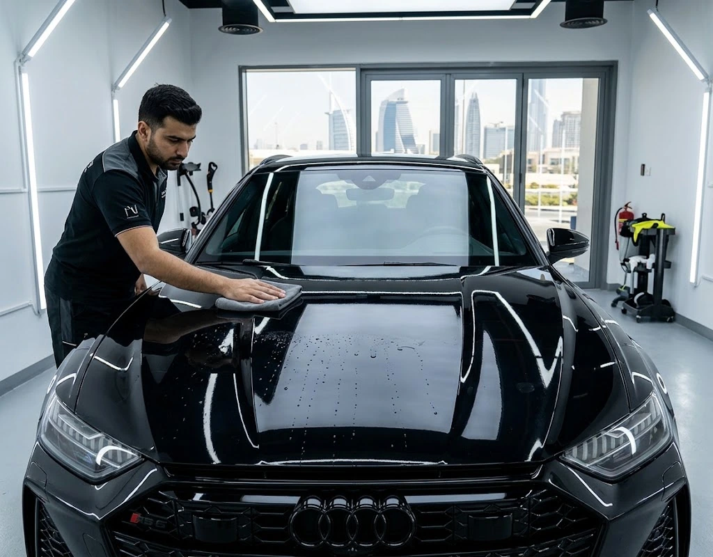 Audi ceramic coating Dubai – technician applying ceramic coating to a black Audi RS6 bonnet in a specialist Audi body shop