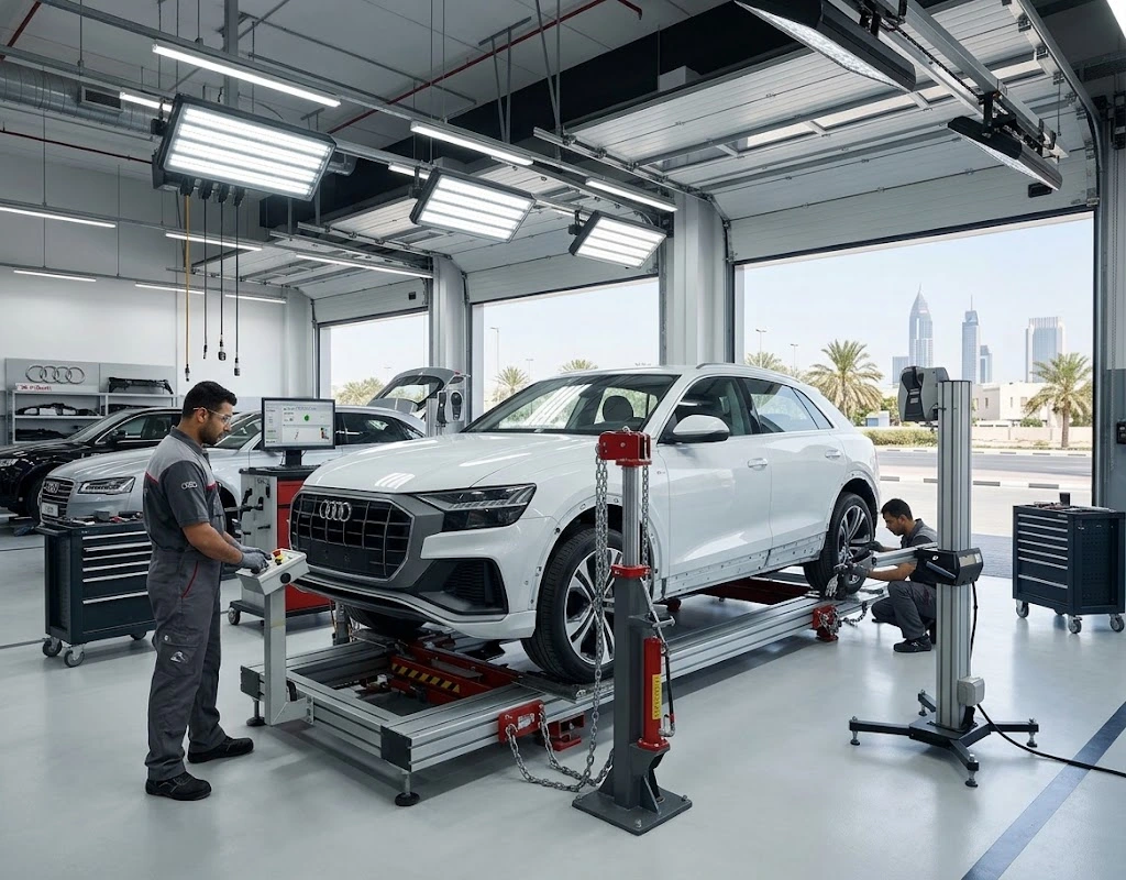 Audi chassis straightening Dubai – Audi body mounted on a frame straightening bench with 3D measuring arms