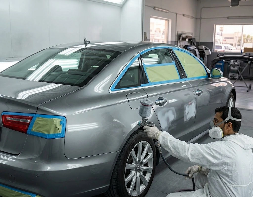 Audi denting and painting Dubai specialist refinishing an Audi body panel in a spray booth