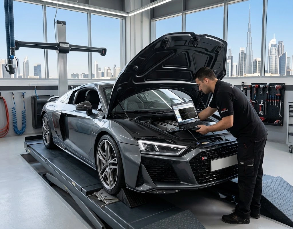 Audi ECU remapping Dubai specialist recalibrating an Audi engine control unit on a diagnostic laptop