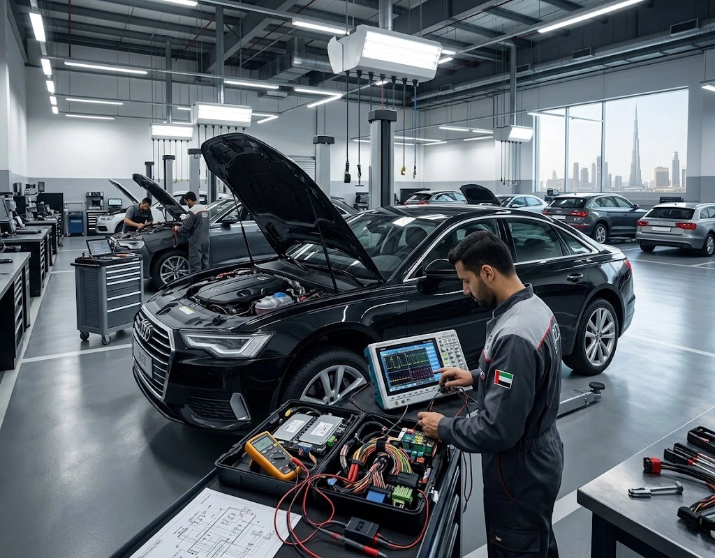 Audi electrical repair Dubai specialist diagnosing a wiring and control module fault on an Audi